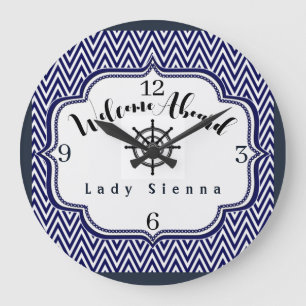 Pas Navy Blue en White aan met Ship Wheel Grote Klok