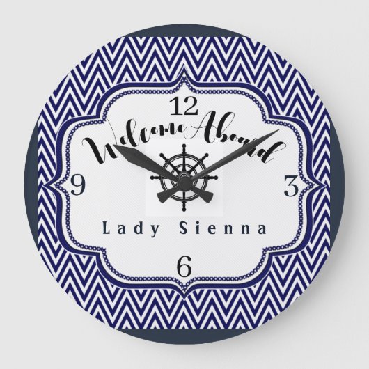 Pas Navy Blue en White aan met Ship Wheel Grote Klok (Voorkant)