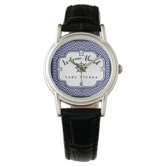 Pas Navy Blue en White aan met Ship Wheel Horloge (Voorkant)