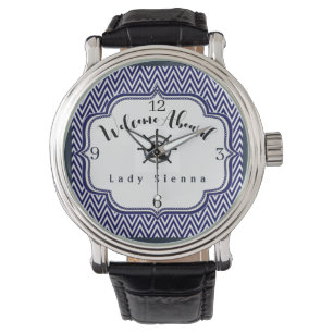 Pas Navy Blue en White aan met Ship Wheel Horloge