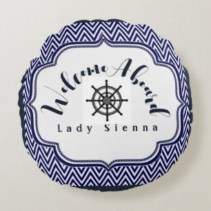 Pas Navy Blue en White aan met Ship Wheel Rond Kussen