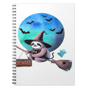Pas op Cute Heks Luiaard Vliegend op Bezem Hallowe Notitieboek