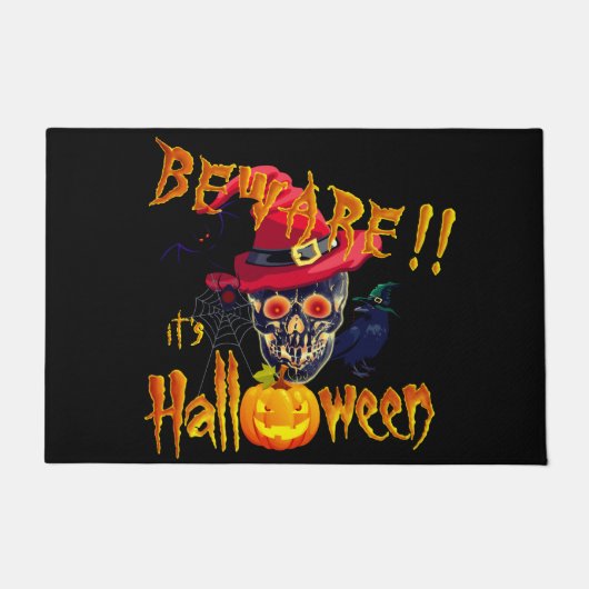 Pas op, het is Halloween Schedel en Pompoen Deurmat (Voorkant)