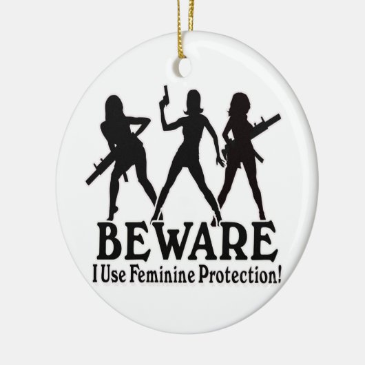 PAS OP! IK GEBRUIK VROUWELIJKE BESCHERMING! XMAS-O KERAMISCH ORNAMENT (Links)