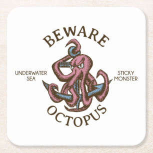 Pas op Octopus Nautisch Wezen Tentakel Monster Kartonnen Onderzetters