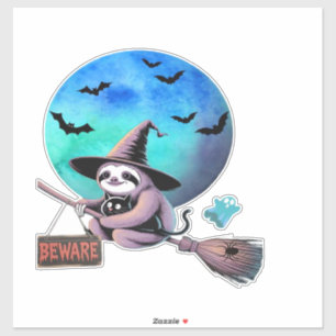 Pas op voor Cute Heks Luiaard Vliegend op Bezemste Sticker