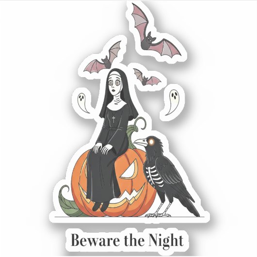 Pas op voor de Night Spooky Nun Sticker (Voorkant)