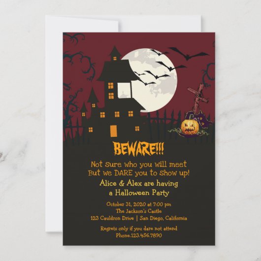 Pas op voor Haunted House Halloween Party uitnodig Kaart (Voorkant)
