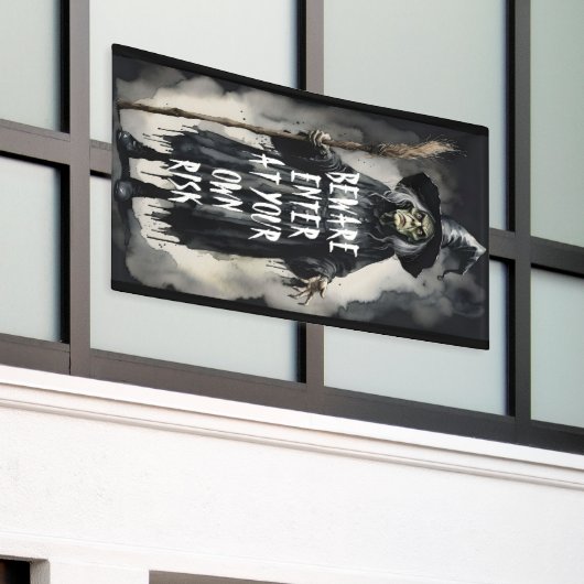 Pas op voor uw eigen risico heksenwaarschuwing spandoek (Buitenkant Gebouw)