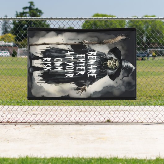 Pas op voor uw eigen risico heksenwaarschuwing spandoek (Insitu)
