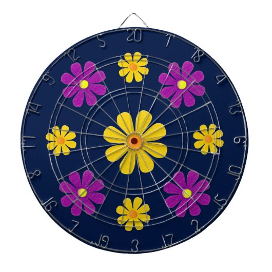 Pas paarse gele bloemen aan op donkerblauw dartbord (Voorkant)