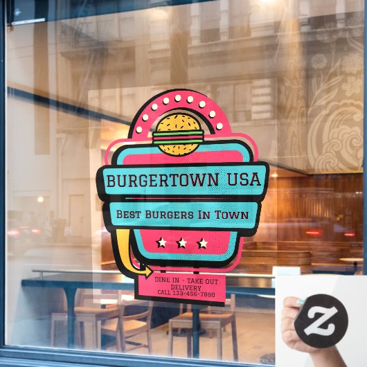 Pas Retro Burger Restaurant Gevel aan Raamsticker (Cafe Raam)