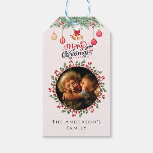 Pas rode bloemen familie foto Merry Christmas Cadeaulabel (Voorkant)