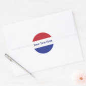 Pas rood, wit en blauw ontwerp aan ronde sticker (Envelop)