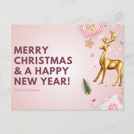 Pas Roze Kerst en Gelukkig Nieuwjaar aan Briefkaart (Voorkant)