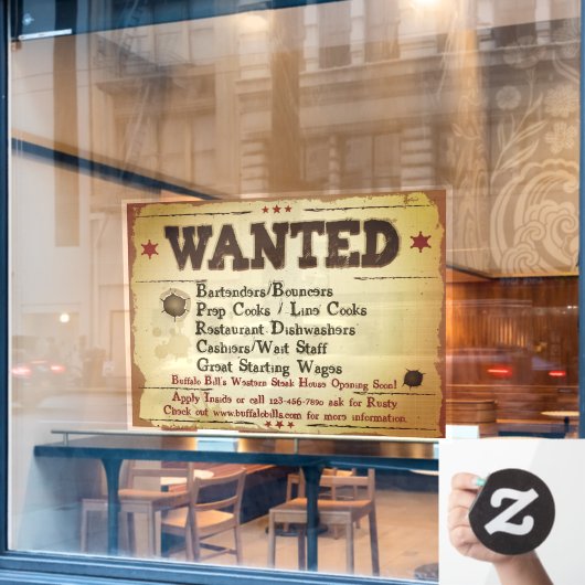 Pas Rusticaal Westers Restaurant Hulp Gezocht aan Raamsticker (Cafe Raam)