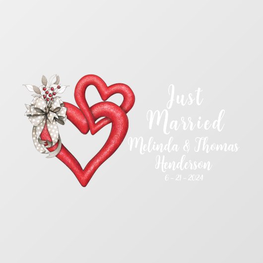 Pas twee samengevoegde harten net getrouwd raamsticker (Vel)