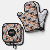 Pas uw aangepaste twee fotopatroon Monogram aan Ovenwant & Pannenlap Set (Voorkant / Achterkant)