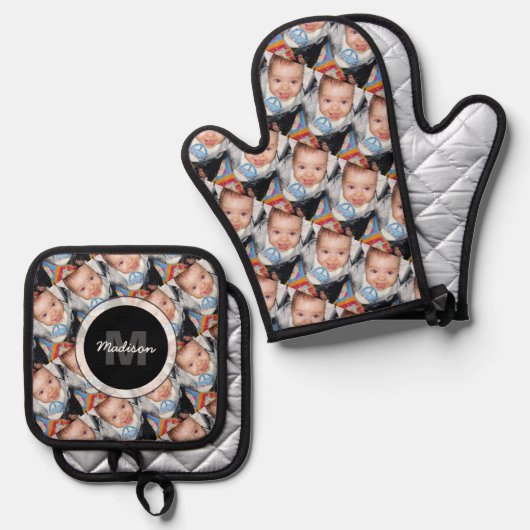 Pas uw aangepaste twee fotopatroon Monogram aan Ovenwant & Pannenlap Set (Voorkant / Achterkant)