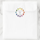 Pas uw naaiwerk, vingerhoed, naald en draad aan ronde sticker (Tas)