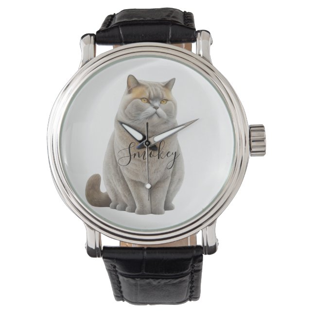 Pas Waterverf Britse Funny Cat Fotonaam aan Horloge (Voorkant)