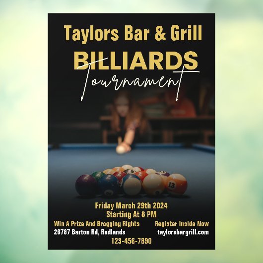 Pas zwarte moderne biljart toernooi bar aan raamsticker (Vel 3)