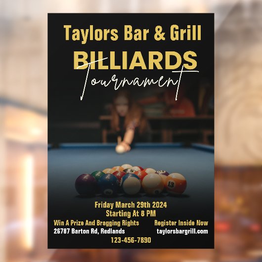 Pas zwarte moderne biljart toernooi bar aan raamsticker (Vel 2)