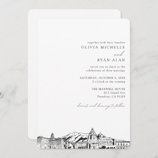 Pasadena Bruiloft Custom Skyline Sketch Uitnodigin Kaart (Voorkant / Achterkant)