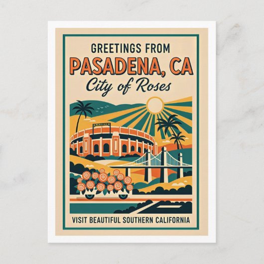 Pasadena CA "Stad van Rozen" Retro Reis Briefkaart (Voorkant)