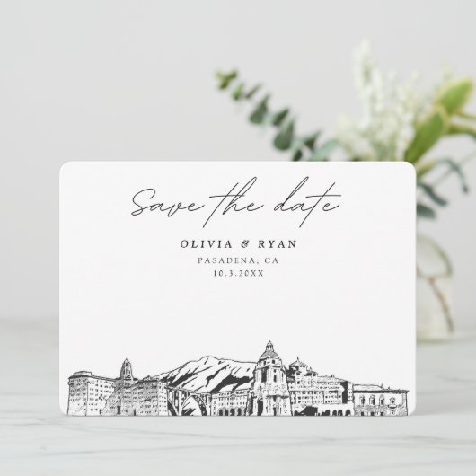 Pasadena Wedding Skyline Save the Date Kaart (Staand voorkant)