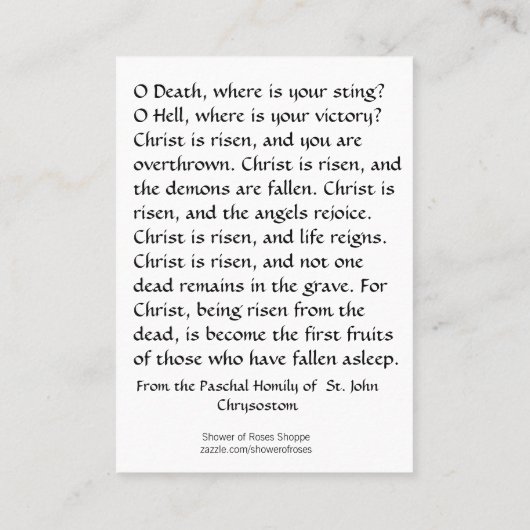 Pascha Heilige Kaarten met Prayer St. John Chrysos Visitekaartje (Achterkant)