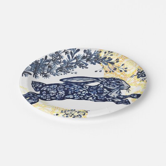 Pasen Blauw Wit Geel Konijn Aziatisch Chinoiserie Papieren Bordje (Gekanteld)