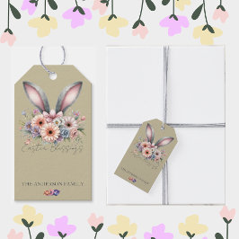Pasen Bloemen Konijntje oren Familienaam Groen Cadeaulabel
