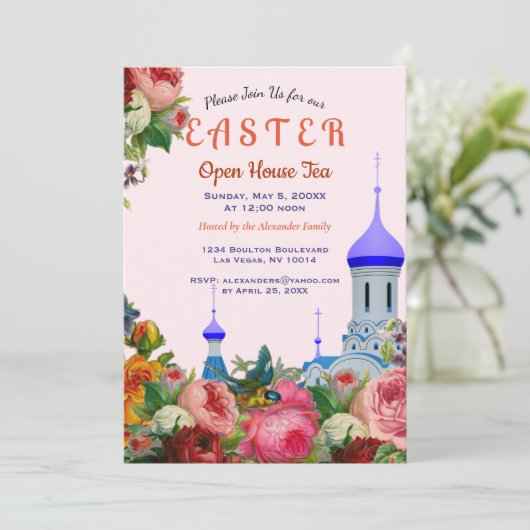 Pasen Bloemen Orthodox Open Huis Thee Uitnodiging (Staand voorkant)