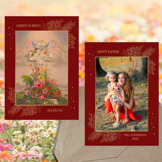 Pasen Bloemenkruis Christus is verrezen Familiefot Feestdagenkaart