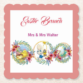 Pasen Brunch Bunny Chick Floral Wreath Kartonnen Onderzetters