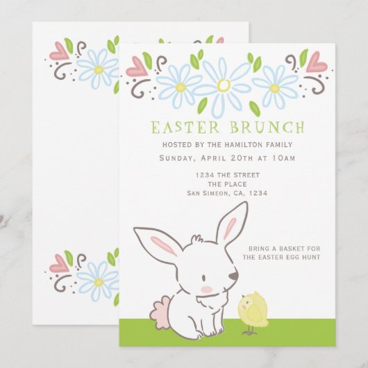 Pasen Brunch Bunny en griet met lentbloemen Kaart (Voorkant / Achterkant)