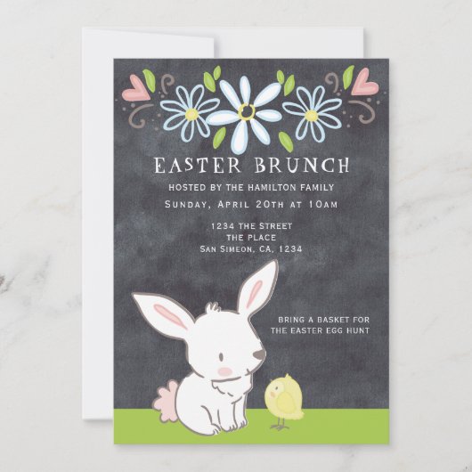 Pasen Brunch Bunny en griet met lentbloemen Kaart (Voorkant)