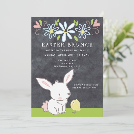 Pasen Brunch Bunny en griet met lentbloemen Kaart (Staand voorkant)