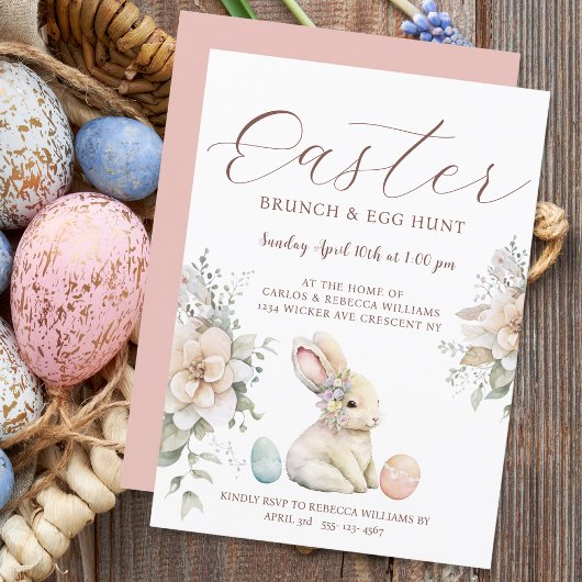 Pasen Brunch Egg Hunt Bunny Floral Kaart