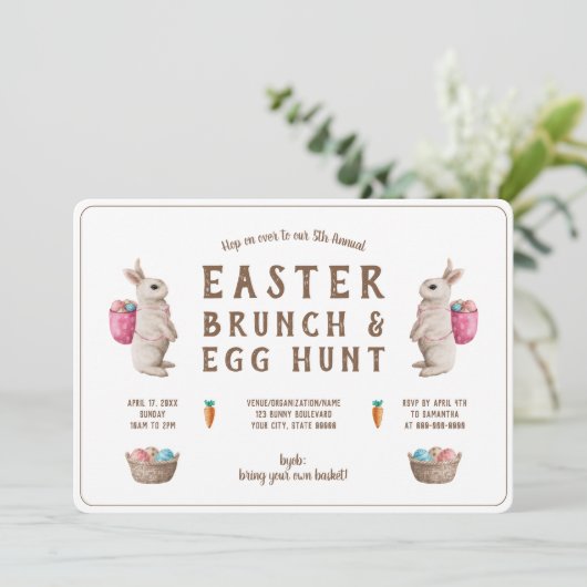 Pasen Brunch Egg Hunt Waterverf Bunny Basket Kaart (Staand voorkant)
