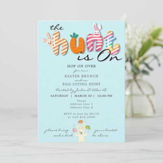 Pasen Brunch Ei Hunt Bunny Kleurrijke Pastel Blauw Kaart (Staand voorkant)