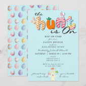 Pasen Brunch Ei Hunt Bunny Kleurrijke Pastel Blauw Kaart (Voorkant / Achterkant)