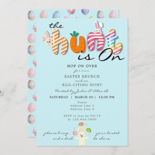 Pasen Brunch Ei Hunt Bunny Kleurrijke Pastel Blauw Kaart (Voorkant / Achterkant)