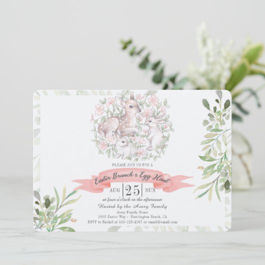 Pasen Brunch en Egg Hunt Deer Bunny Uitnodiging (Staand voorkant)