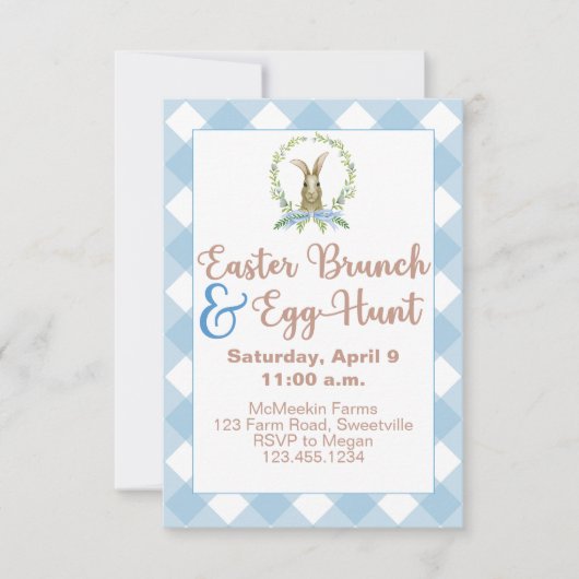 Pasen Brunch en Egg Hunt Rabbit Gingham Pset Blue Kaart (Voorkant)