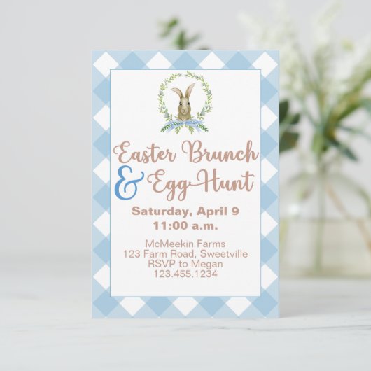 Pasen Brunch en Egg Hunt Rabbit Gingham Pset Blue Kaart (Staand voorkant)