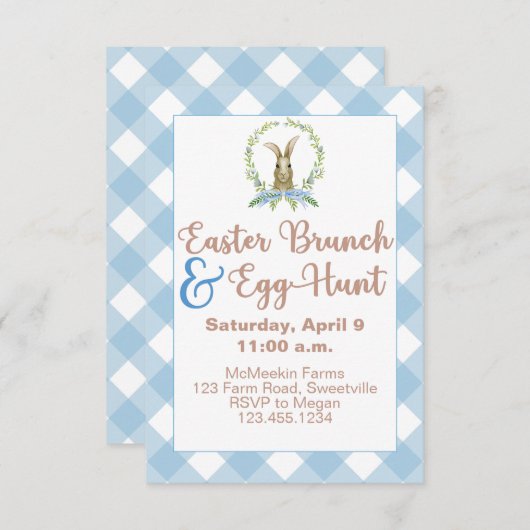 Pasen Brunch en Egg Hunt Rabbit Gingham Pset Blue Kaart (Voorkant / Achterkant)