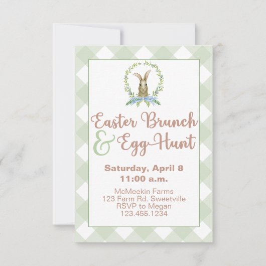 Pasen Brunch en Egg Hunt Rabbit Invitation Gingham Kaart (Voorkant)