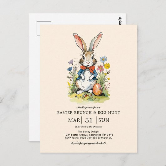 Pasen Brunch en Egg Hunt | Wildflower Bunny Briefkaart (Voorkant / Achterkant)